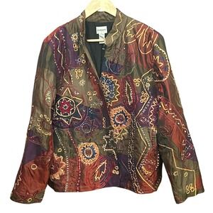 Vtg Chicos Silk Blend Embroidered Boho Patchwork Art Jacket Metallic Festival